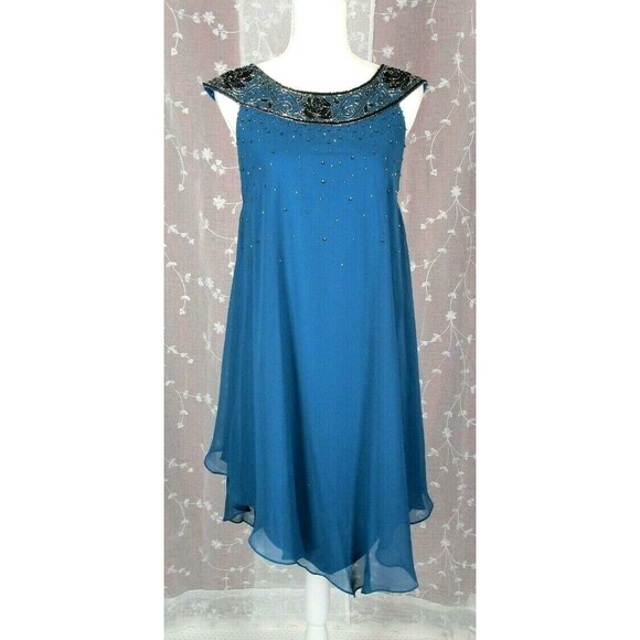 NEW J Kara Womens Sheath Dress TEAL Size 6 Beaded Sheer & Silky Sleeveless - Picture 1 of 8